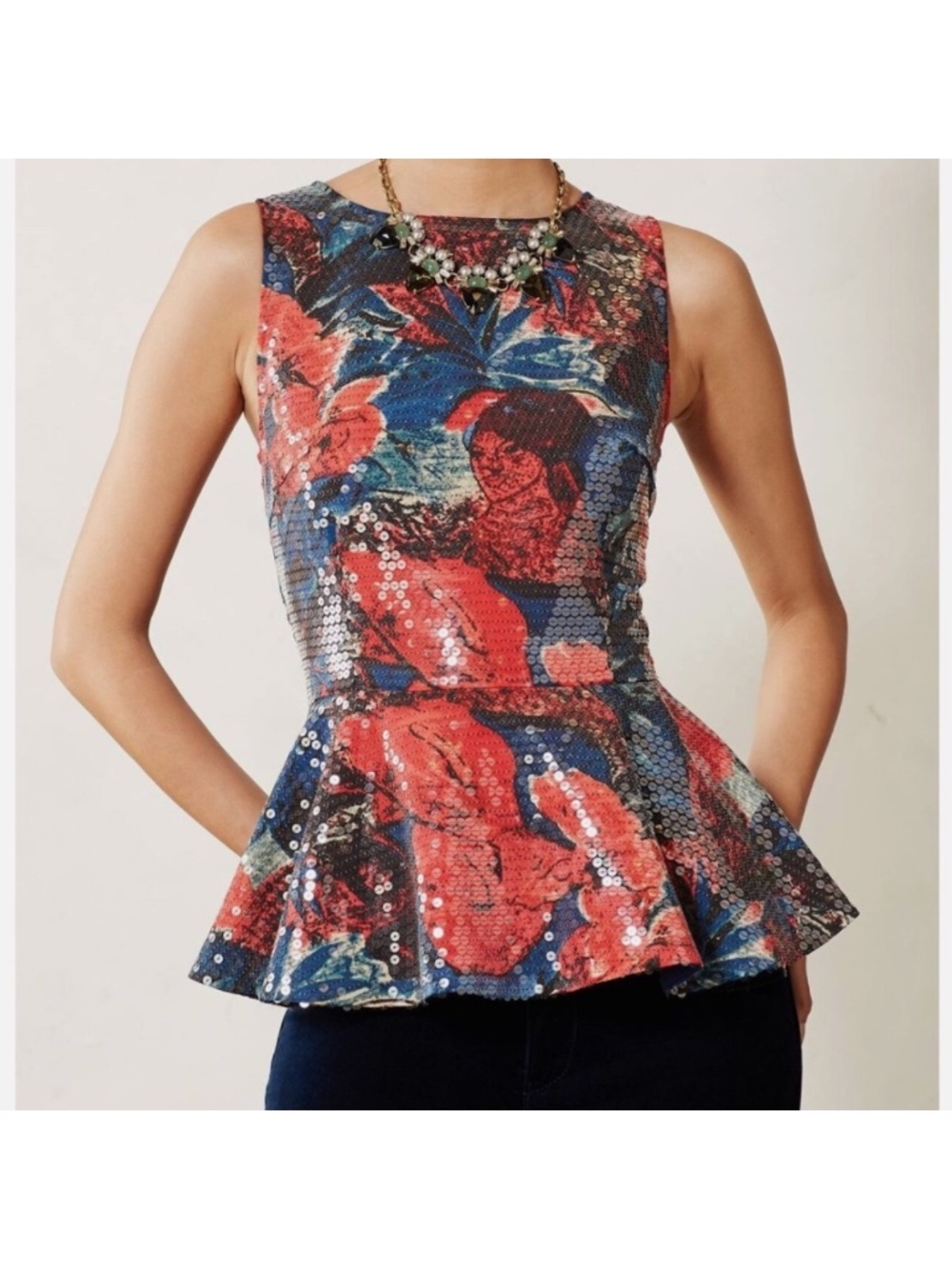 Anthropologie Wolven Sugared Fleur Peplum Top Red Motif